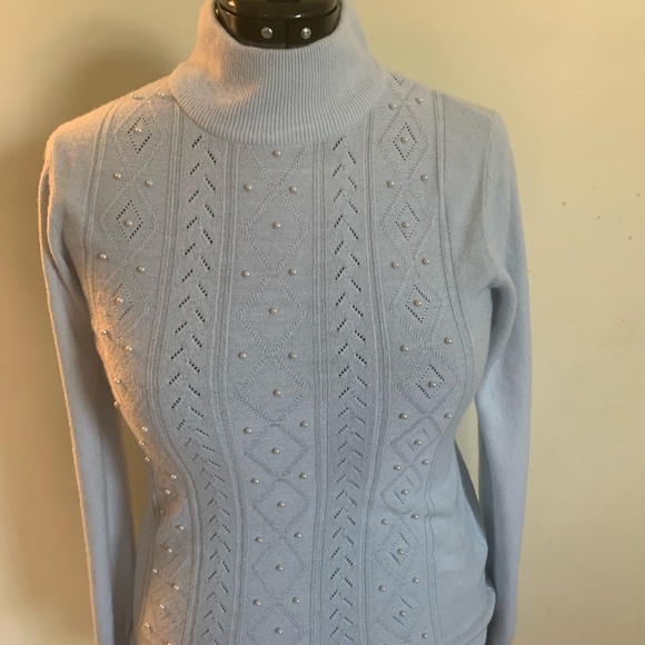 Baby Blue Sweater. Pearl accents. Size M - Picture 3 of 5
